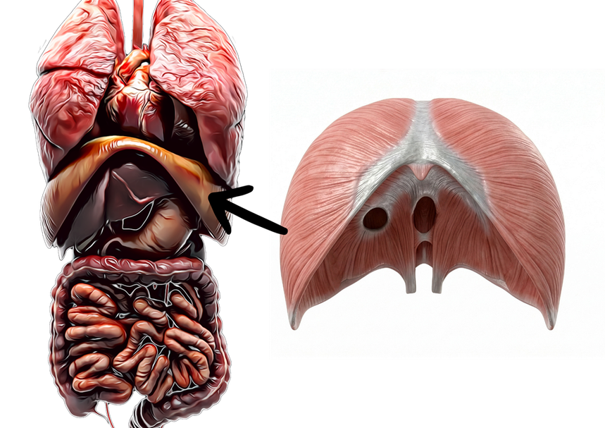 Anatomische Darstellung des Zwerchfells als zentraler Atemmuskel zwischen Brustkorb und Bauchraum
