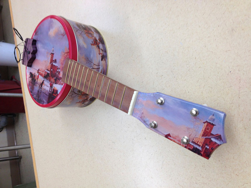 Cookie Tin Ukulele in progress
