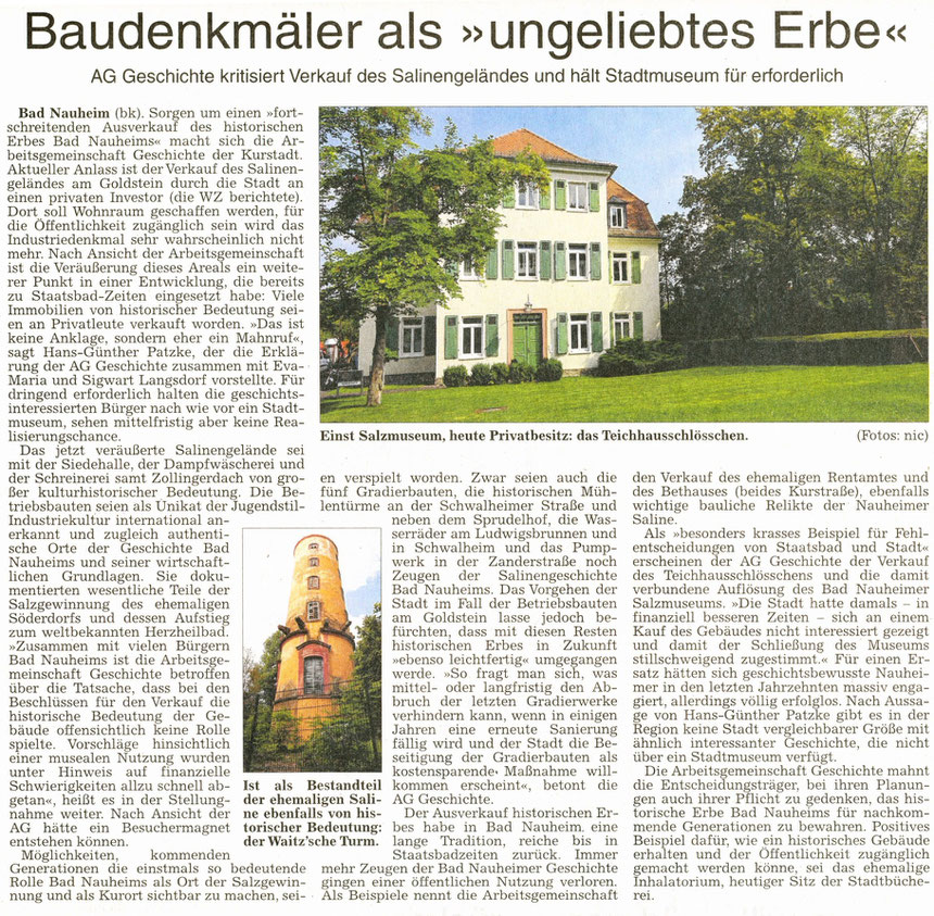 AG Geschichte: Baudenkmäler als ungeliebtes Erbe, WZ, 09.09.2014, Text: Bernd Klühs, Fotos: Nici Merz