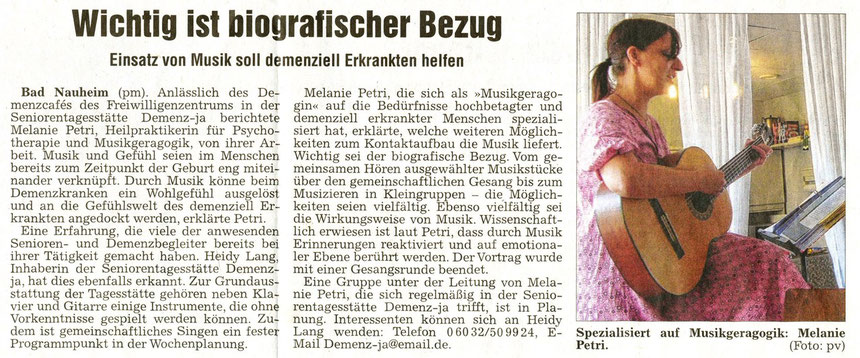 Musik und demenzielle Erkrankung, WZ, 27.08.2013, Text und Foto: pm