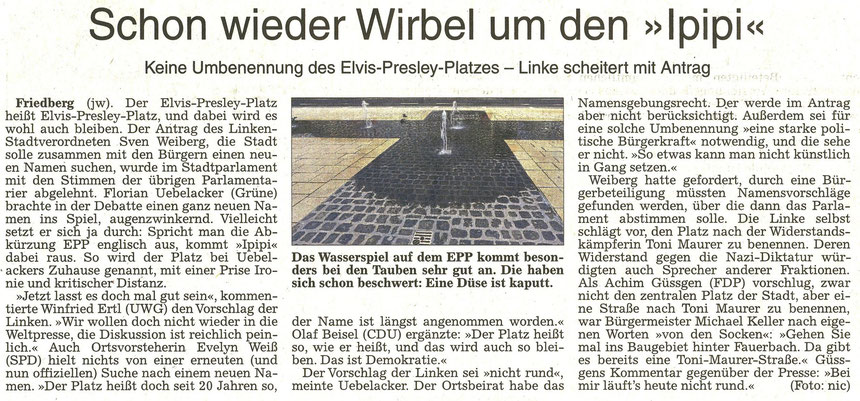 Schon wieder Wirbel um den Elvis-Presley-Platz, WZ 30.05.2015, Text Jürgen Wagner, Foto Nici Merz