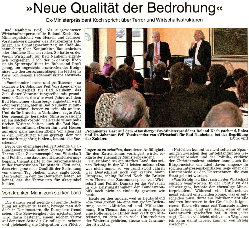 Jahresveranstaltung Wirtschaft für Bad Nauheim e.V. "Neue Qualität der Bedrohung", WZ 17.11.2015, Text und Foto: vpf