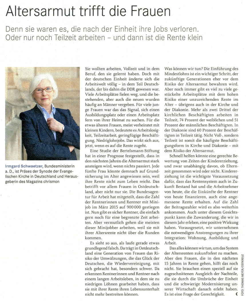 Dr. Irmgard Schwaetzer, Chrismon 12-2015: "Altersarmut trifft die Frauen" auch unter www.chrismon.de