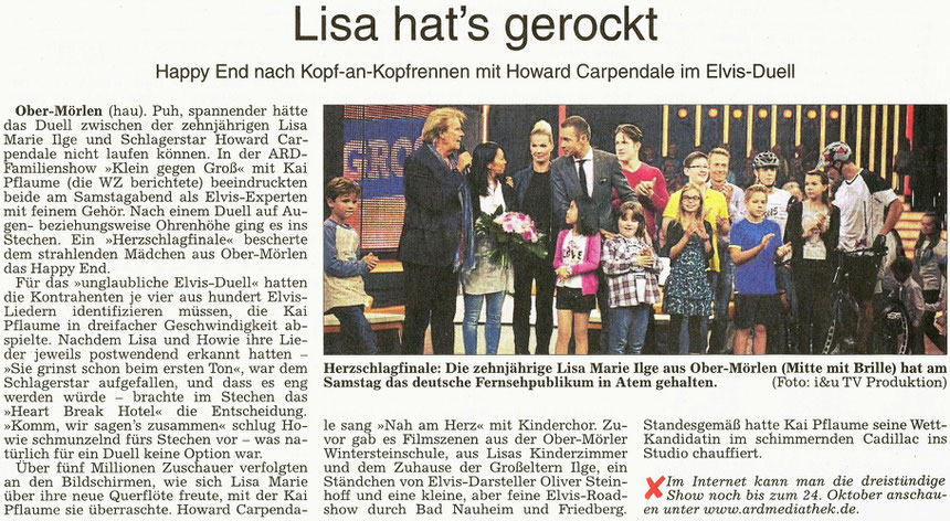 Elvis-Duell von Lisa Marie Ilge mit Howard Carpendale: Lisa hat's gerockt, WZ 19.10.2015, Text: Annette Hausmanns, Foto: i&u TV Produktion