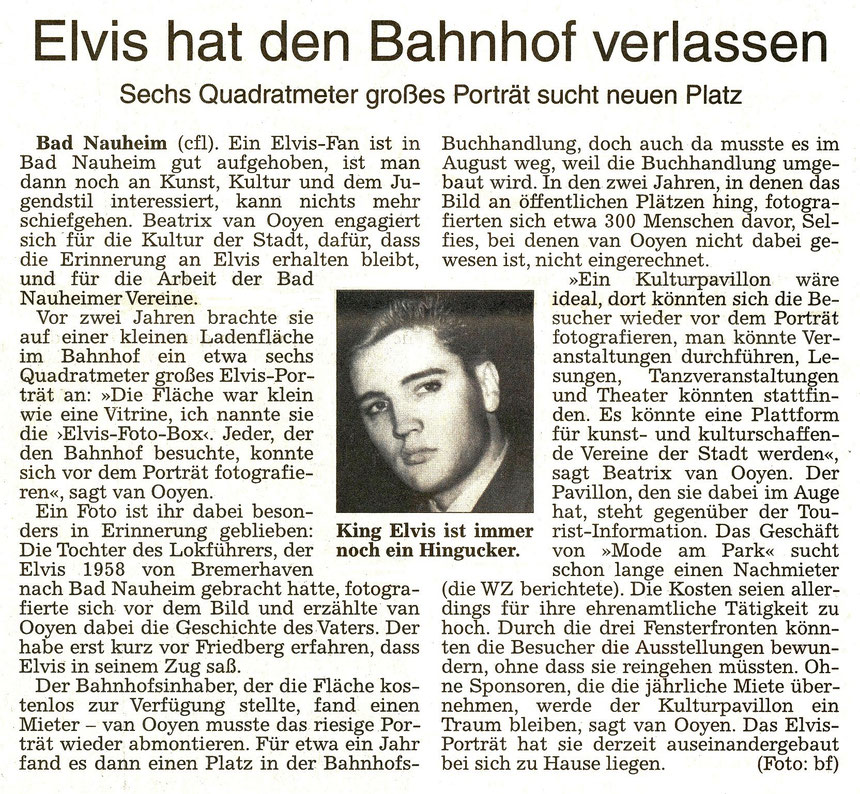 Elvis hat den Bahnhof verlassen, WZ 24.09.2016, Text: Carolin Fest, Foto von Horst Schüssler: Beatrix van Ooyen