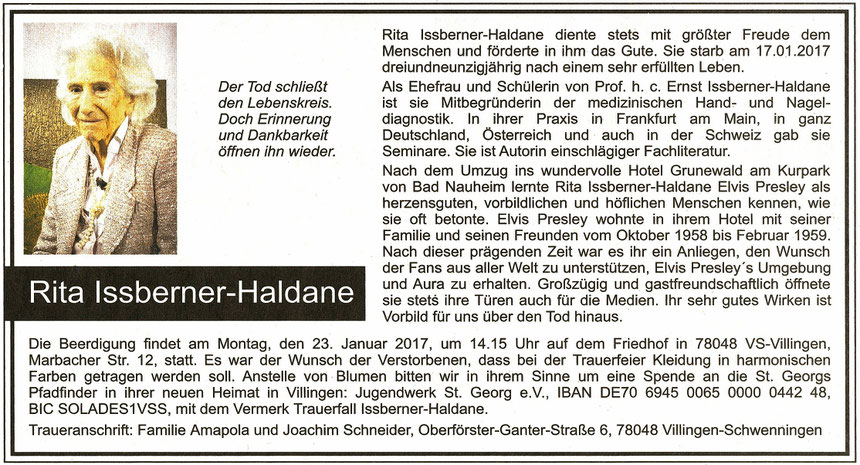 Traueranzeige Rita Issberner-Haldane, WZ 20.01. und FAZ 21.01.2017