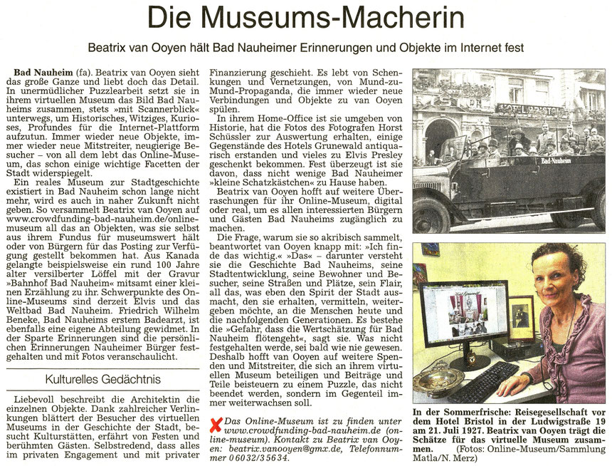 Die Museums-Macherin, Wetterauer Zeitung, 27.04.2016, Text: Frauke Ahlers, Foto: Nici Merz
