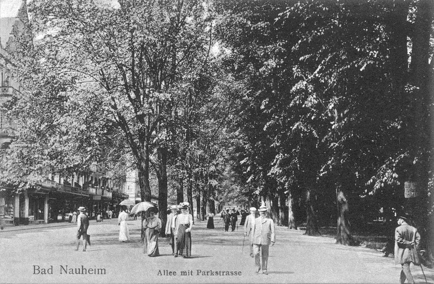 Parkstrasse (links) und Parkallee (rechts) in Bad Nauheim um 1900, Postkarte Online-Museum Bad Nauheim