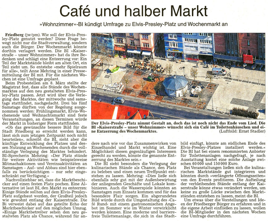 Elvis-Presley-Platz "Café und halber Markt", WZ 04.04.2015, Text: BI "Kaiserstraße- unser Wohnzimmer" und Jürgen Wagner, Foto: Ernst Stadler