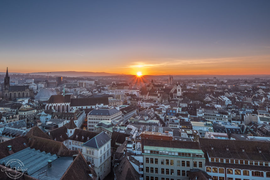 Martinsturm, Basler Münster, nächtliche Turmbesteigung, Sonnenuntergang über Basel, Barfüsserplatz, Elisabethenkirche, Barfüsser Kirche
