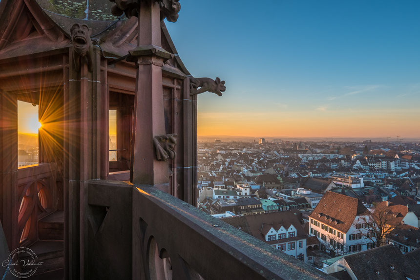 Martinsturm, Basler Münster, nächtliche Turmbesteigung, Sonnenuntergang, Basel