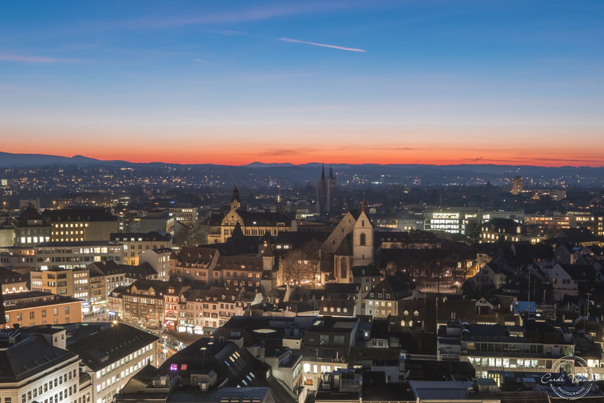 Martinsturm, Basler Münster, nächtliche Turmbesteigung, Sonnenuntergang, Abendrot, Barfüsserplatz