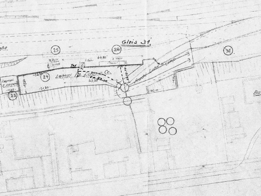 Aus einem Bahnhofsplan des Bahnhofs Wichlinghausen aus dem August 1942 ein Auszug mit der Drehscheibenansammlung der Firma Luhn & Co.