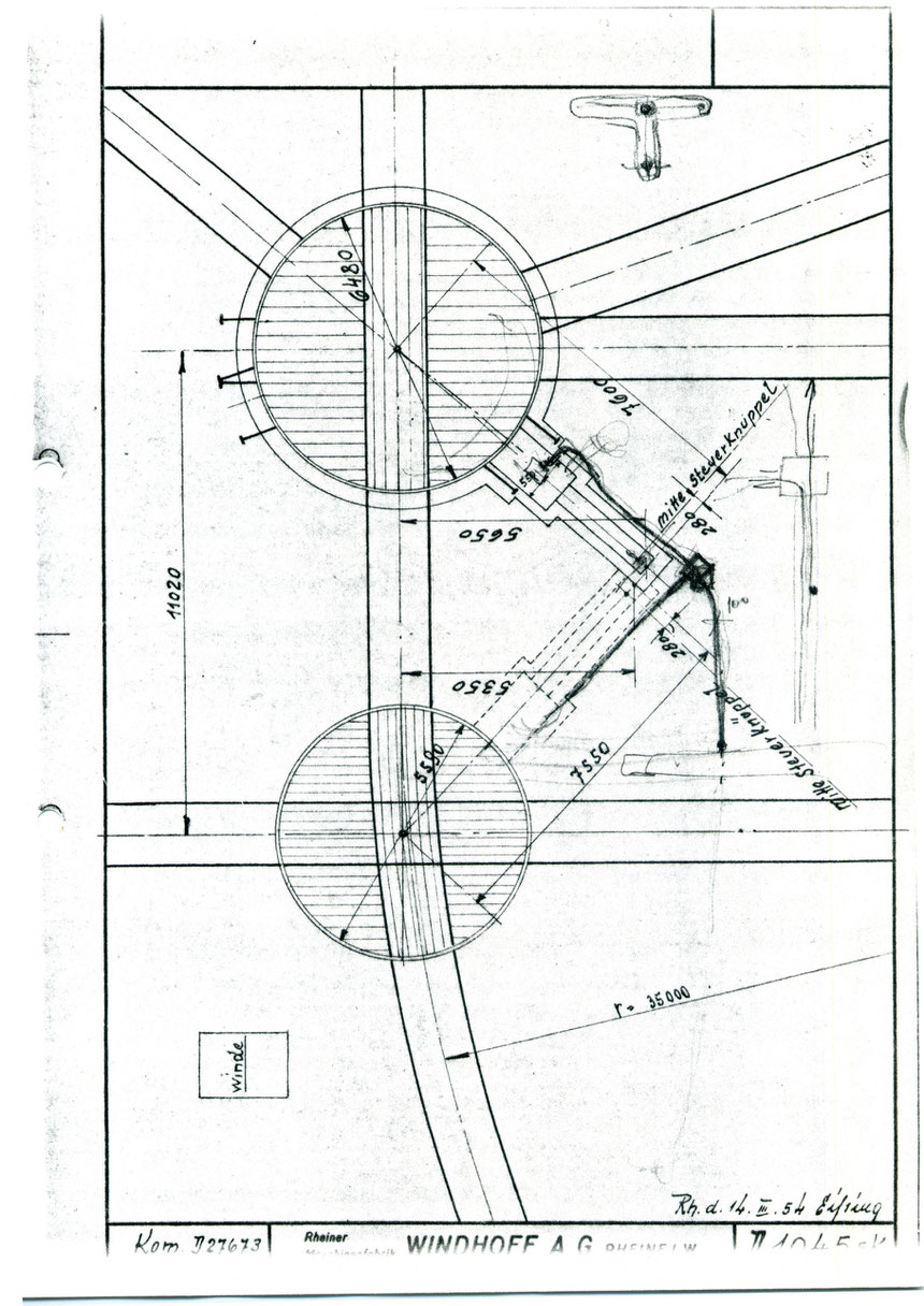 Im Jahre 1954 waren wohl Verbesserungen oder ein Neubau der Anlagen geplant, welche diese Detailzeichnungen der Firma Windhoff AG aus Rheine zeigen. Hier die Bemaßungen der beiden Drehscheiben.