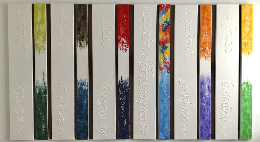 A.P.-MS0065 - Tugenden - 2017 - Acrylmalerei mit korrodierter Stahlplatte verbunden - Arcylfarben, Stahl - 120x214x1,9cm (c) Palder, tOG-Düsseldorf