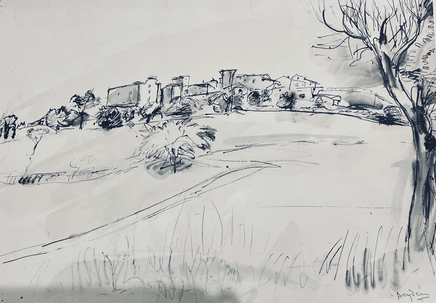Henri Hayden, paysage de Cazeneuve, encre signée, expose à la galerie agnès thiébault Paris 