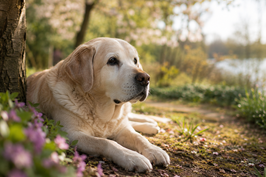 Älterer Labrador Retriever liegt entspannt im Frühlingsgarten zwischen Blumen und Bäumen in warmem Sonnenlicht.