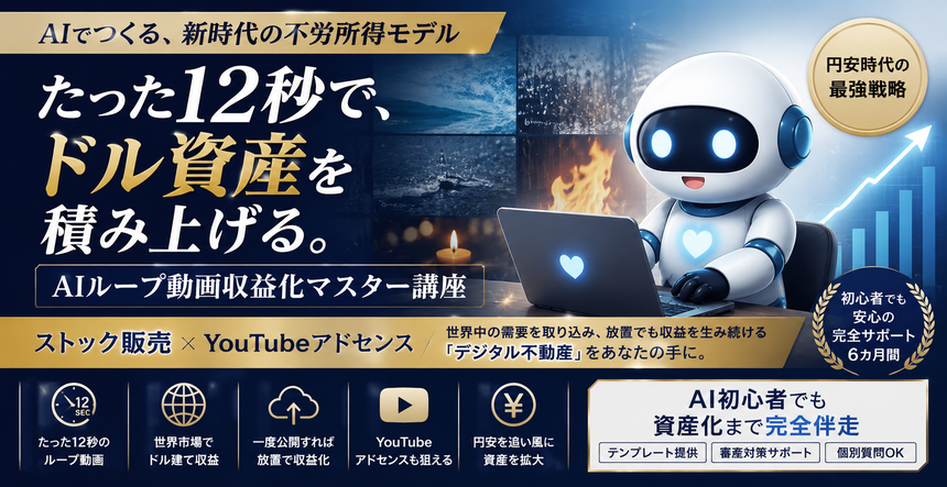 たった12秒で、ドル資産を積み上げる。 AIループ動画収益化マスター講座 ストック販売 × YouTubeアドセンス