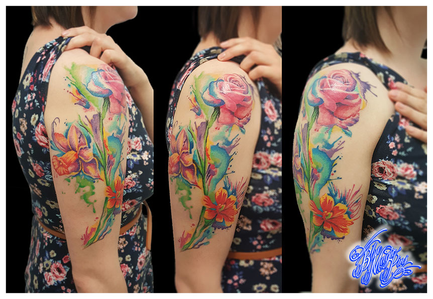 Watercolor custom flower tattoo sleeve Blue Magic pins narcissus roses aquarelle feminine color flowers pastel women girl