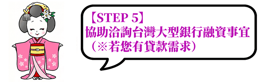 【STEP 5】協助洽詢台灣大型銀行融資事宜（※若您有貸款需求）