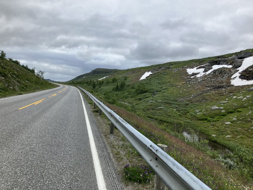 Bikepacking in Norwegen nördlich von Alta einsame Straße und Schneefelder bei wolkigem Himmel