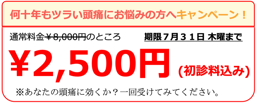 頭痛外来でも治らない偏頭痛を偏頭痛専門の日だまりショットで治そうキャンペーン2500円です