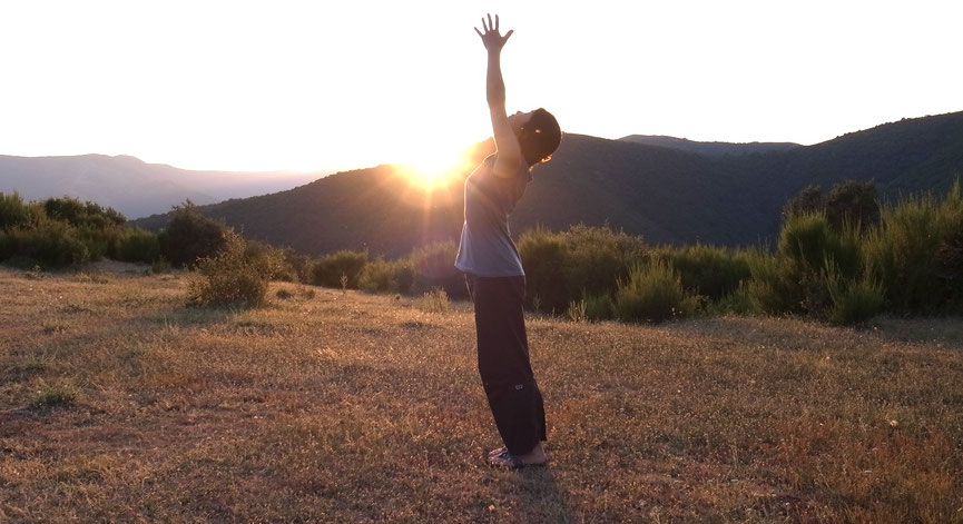 Personne pratiquant le yoga debout dans la nature, bras levés vers le ciel