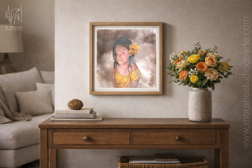 Retrato personalizado de niña pintado a mano decorando sala de hogar, ejemplo de cómo integrar arte en la decoración familiar, Moran Estudio de Arte
