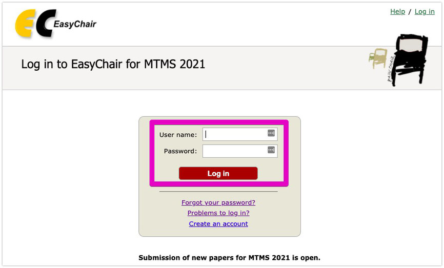 Figure 2. Log in to EasyChair for MTMS 2021