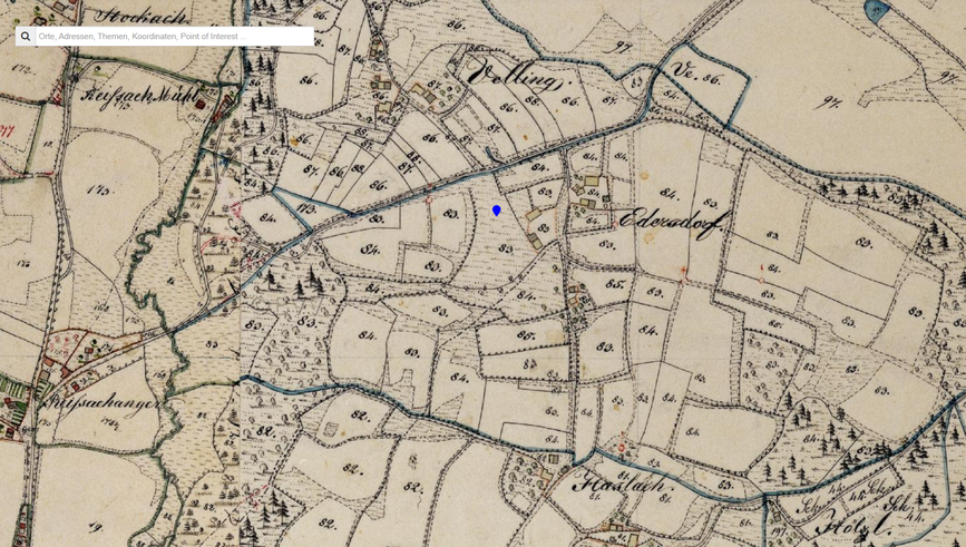 Karte: Geografische Lage des Erdstalls (Basis Geoportal Bayern, historische Karte)