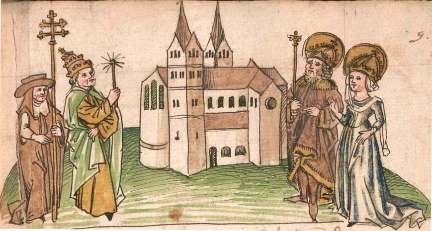 Kemptener Klosterchronik von 1499. Hildegard als Förderin des Kemptener Klosters ist rechts neben Karl dem Großen abgebildet.