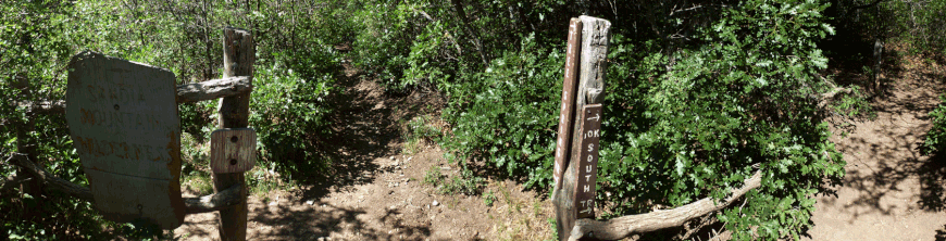 The junction of upper Tree Spring Trail with the 10K Trail (far right), the northbound Crest Trail (straight ahead), and the southbound Crest Trail (left just beyond the fence)