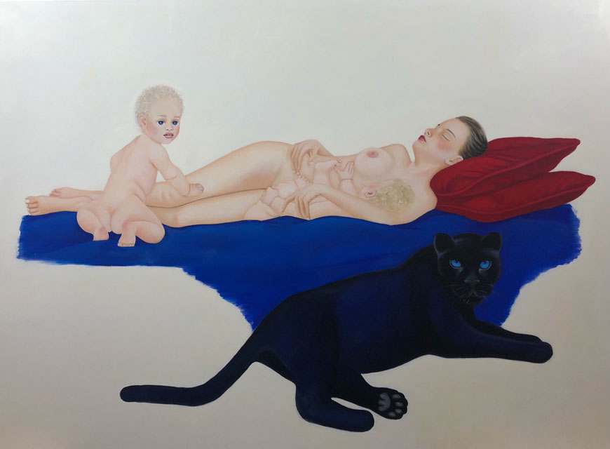 Venus after Giorgione with Twins/One, Oil on Canvas, 200 x 150 cm, 2020.