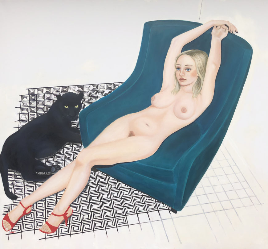 Maja with Panther/One, Oil on Canvas, 175 x 190 cm, 2019