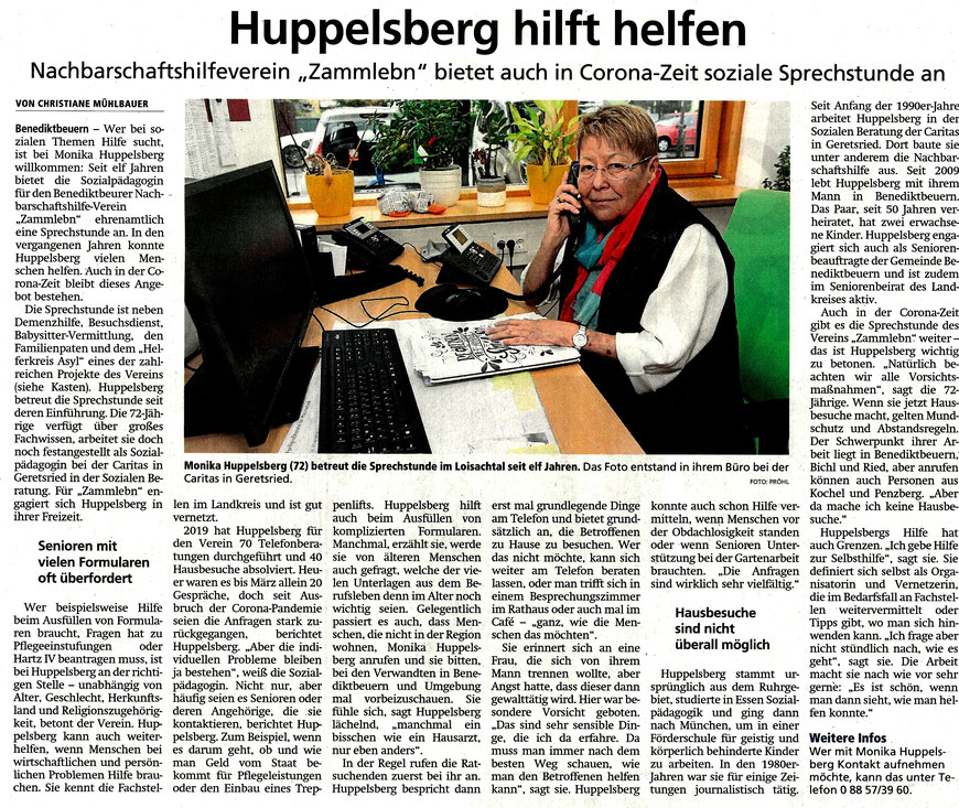 Bericht von Christiane Mühlbauer über die Tätigkeit von Monika Huppelsberg im Tölzer Kurier vom 30.9.20