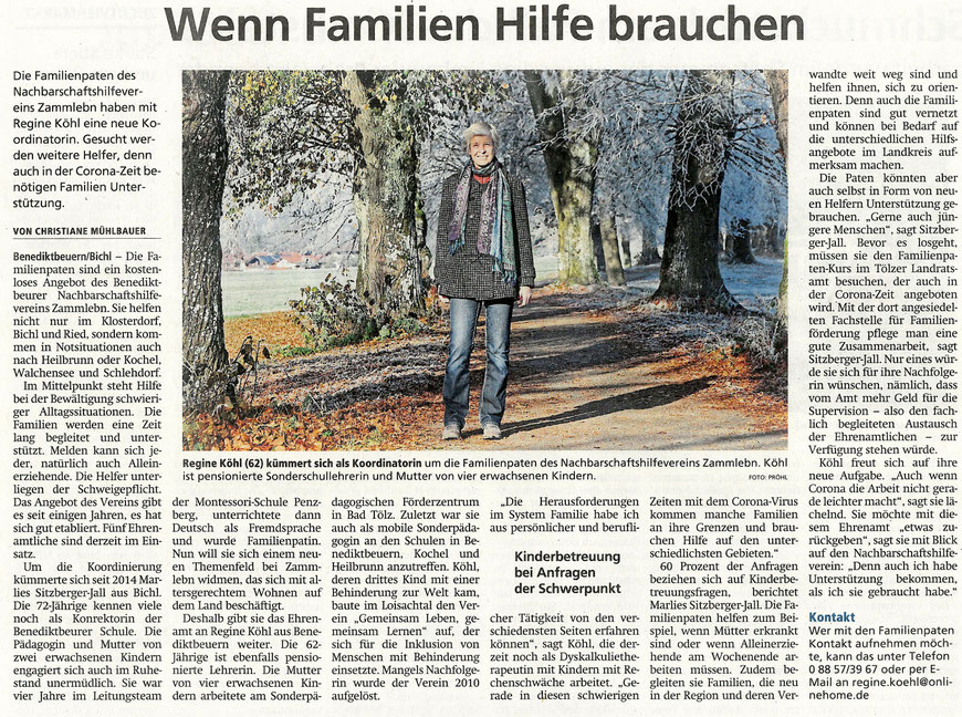 Bericht von Christiane Mühlbauer über den Wechsel in der Leitung der Familienpaten im Tölzer Kurier vom 01.12.2020