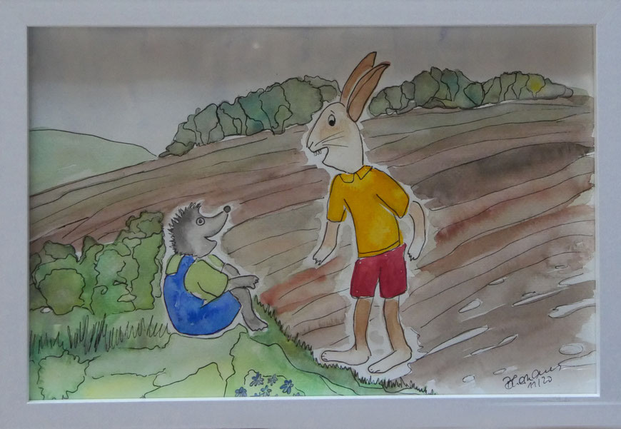 WVZ 593 Der Hase und der Igel 2020 Aquarell 20x30 € 25 gerahmt