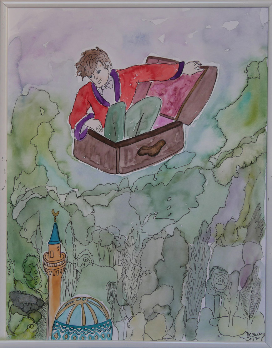 WVZ 594 Der fliegende Koffer 2020 Aquarell 30x40 € 25 gerahmt
