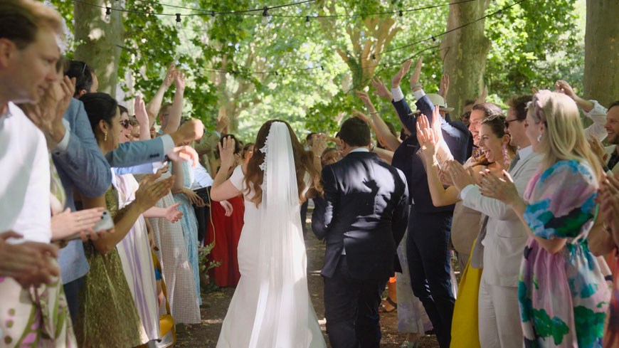 Petal toss at the end of the ceremony during a château wedding in France