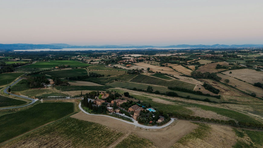destination wedding in Tuscany at Borgo Tre Rose in Montepulciano. Drone shot