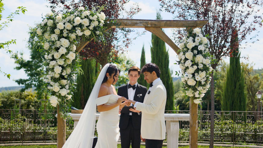 destination wedding in Umbria at Villa Baroncino a venue on Trasimeno lake. Drone shot