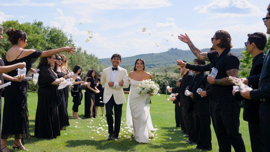 destination wedding in Umbria at Villa Baroncino a venue on Trasimeno lake. Drone shot