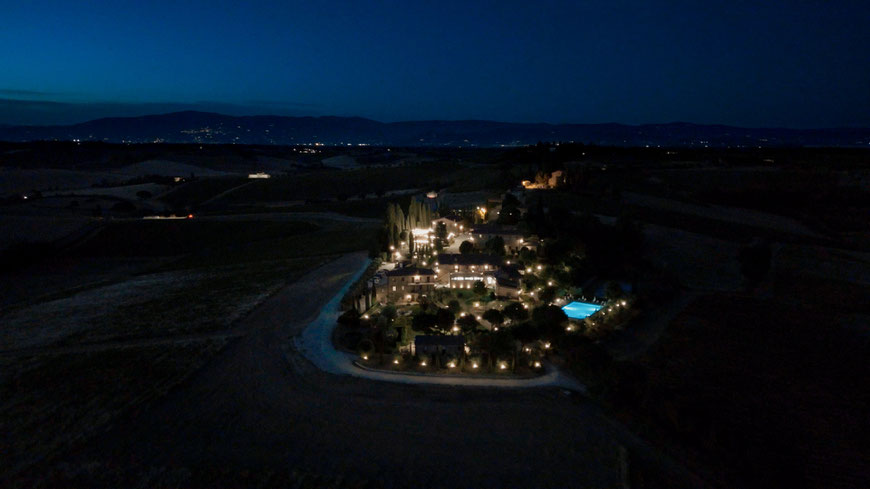 destination wedding in Tuscany at Borgo Tre Rose in Montepulciano. Drone shot