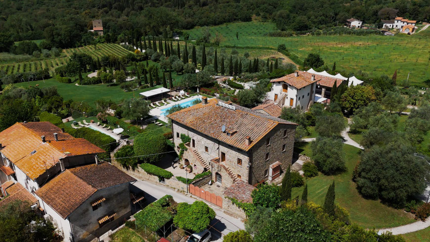 destination wedding in Umbria at Villa Baroncino a venue on Trasimeno lake. Drone shot