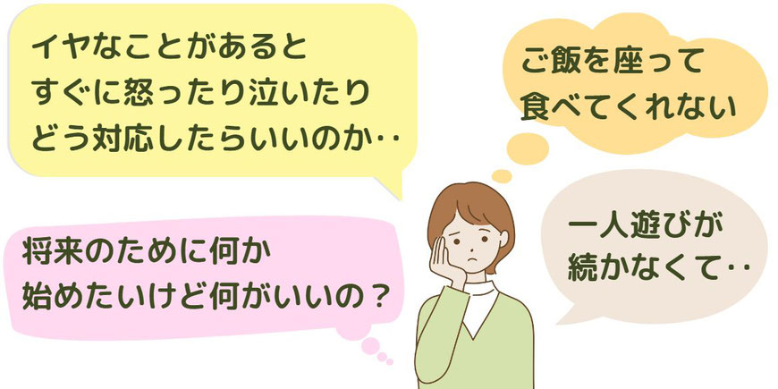 いやなことがあると怒ったり泣いたり、座って食べてくれない、一人遊びが続かない、将来のために何かしたいけど何がいいいか迷う、こういった悩みをおもちではありませんか。