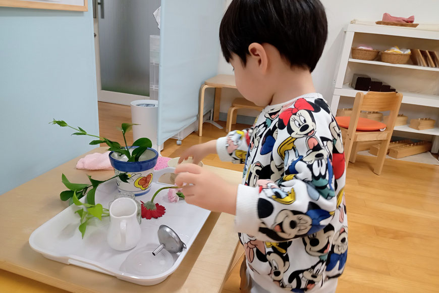 京都市の幼児教室バンビー二クレアーレのモンテッソーリの活動で、1歳児が花をいける活動をしています。