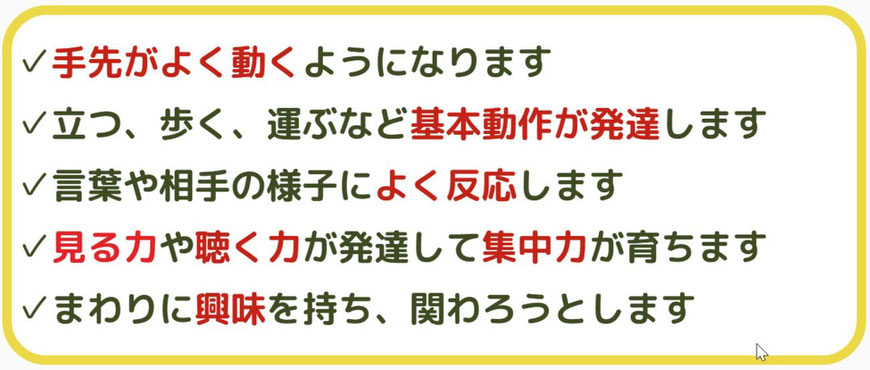 手足がよく動くようになる。立つ、歩く、運ぶなどの基本動作が発達。言葉や相手の様子によく反応。見る力や聴く力が発達して集中力が育つ。まわりに興味を持ち、関わろうとします。