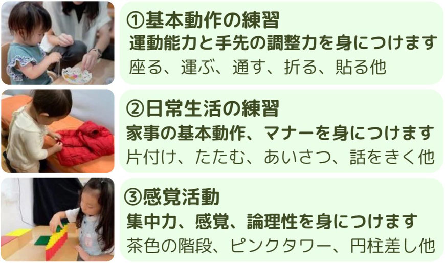 モンテッソーリ教育の具体的な内容　①基本動作の練習　②日常生活の練習　③感覚活動