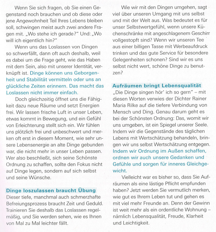 von der äusseren zur inneren Ordnung, Aufräumen bringt Lebensqualität, Gleichgewicht, positive Gefühle