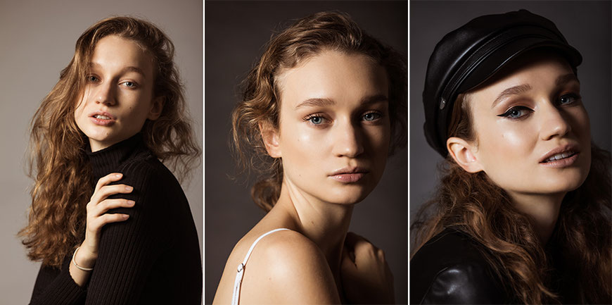 tre ritratti di una modella realizzati da Monica Monimix Antonelli